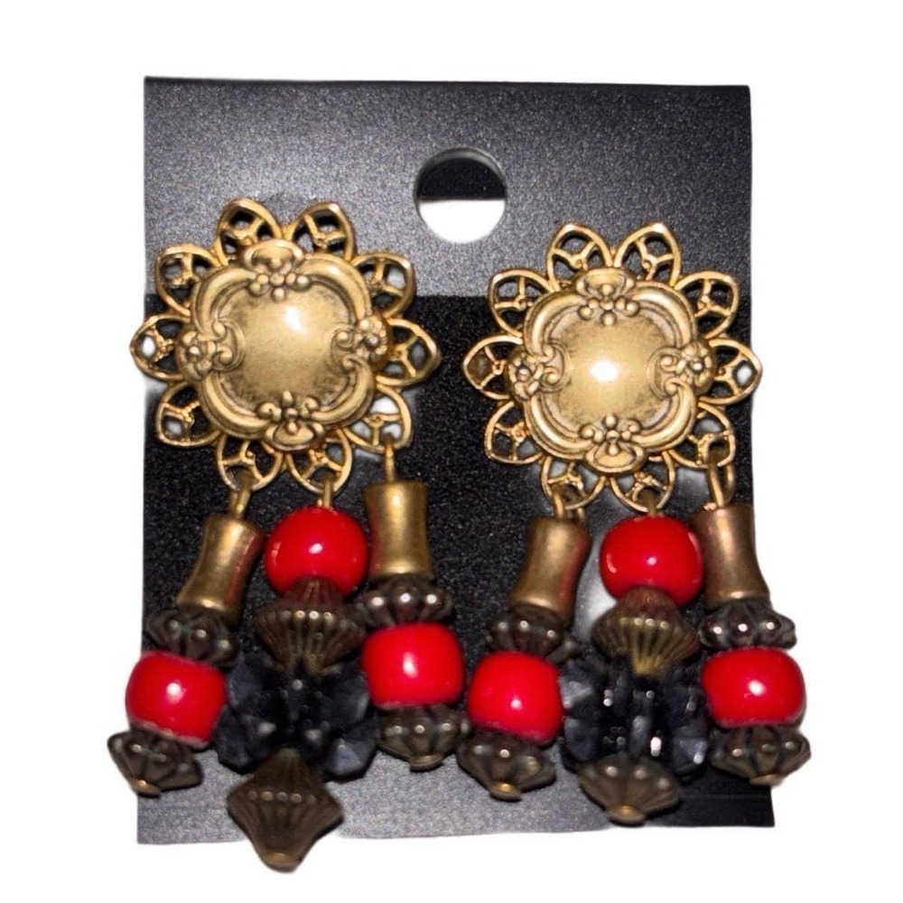 Antique Gold Tone Beaded Tassel Filigree Sunburst Drop Earrings Vintage Retro